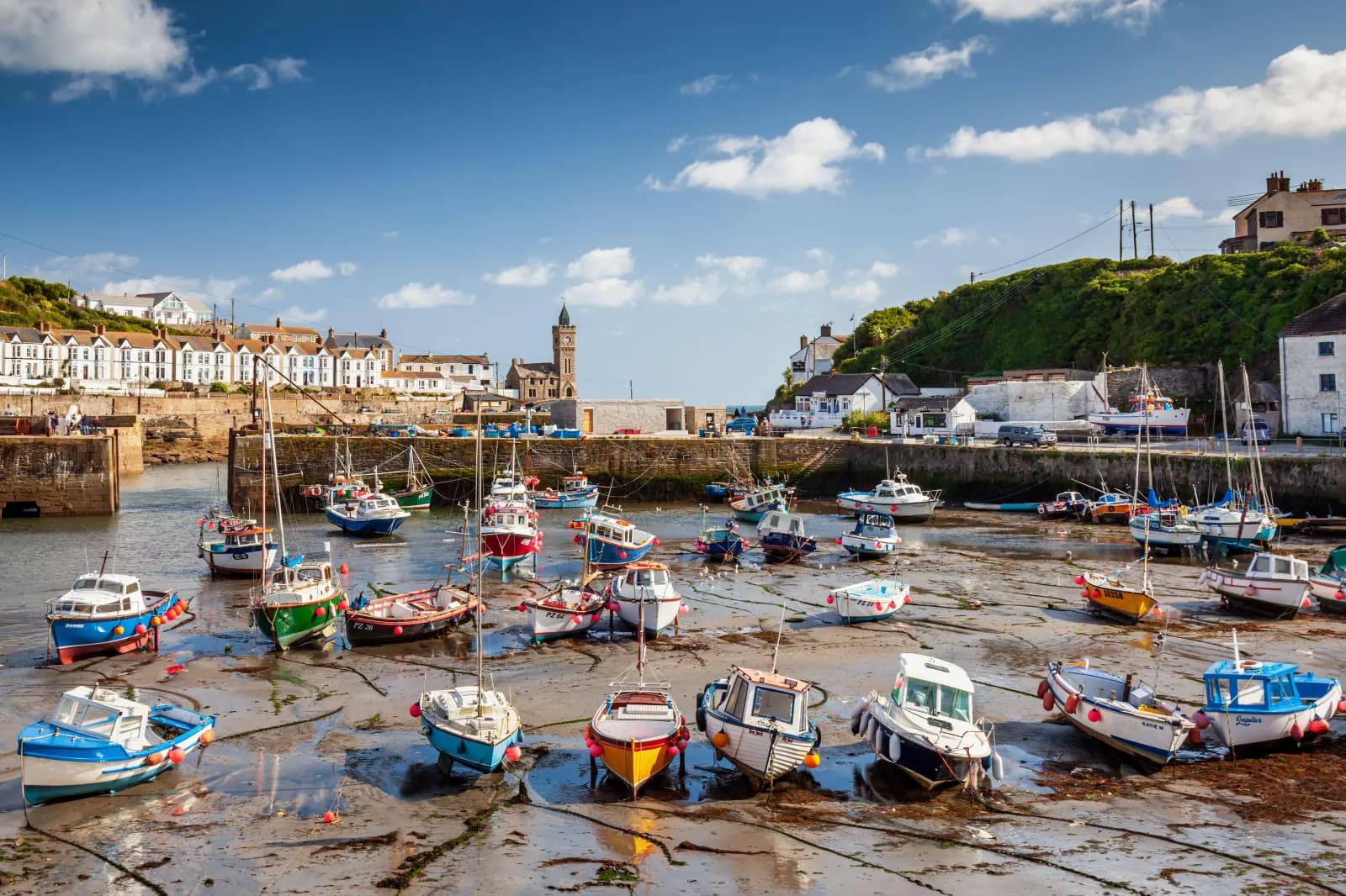 Low tide in the harbour at the picturesque seaside town of Porthleven, Cornwall