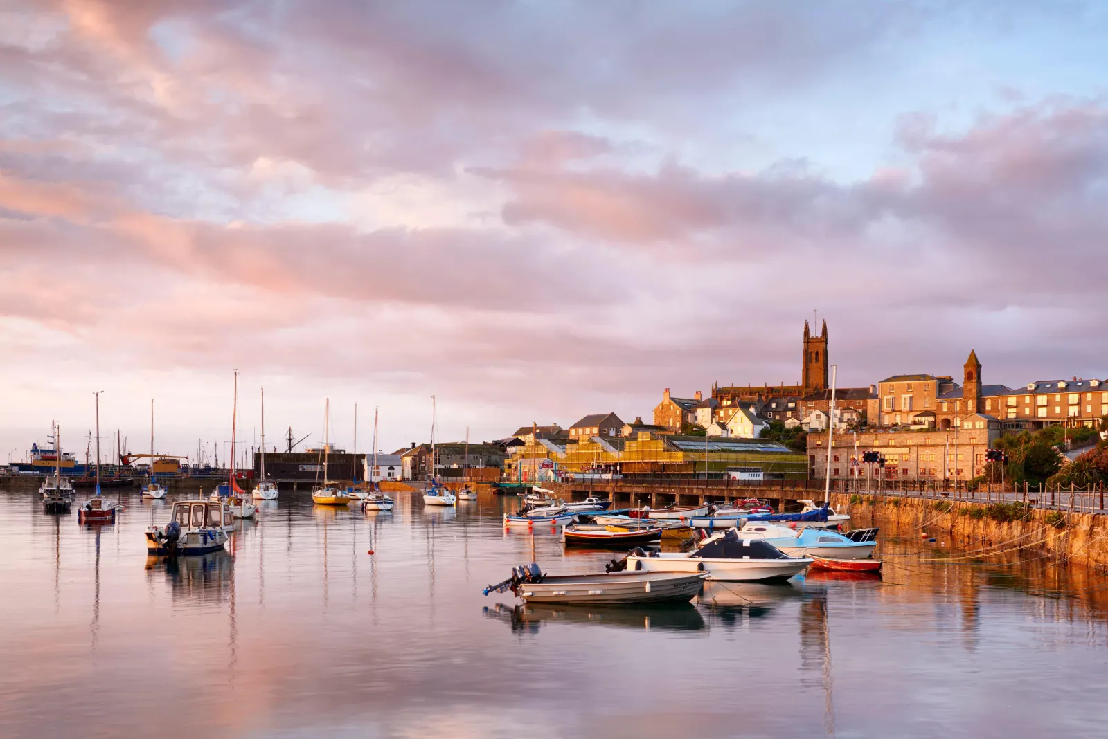 A morning view overlooking Penzance waterfront and harbour, Cornwall