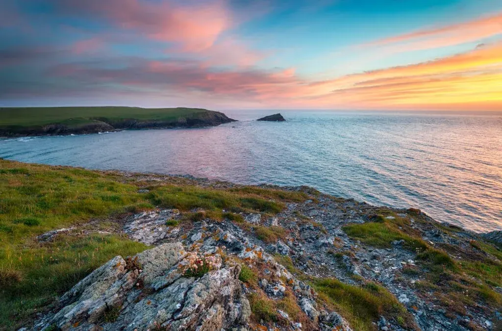 Sunset at West Pentire, above Polly Joke Beach, near Newquay, Cornwall