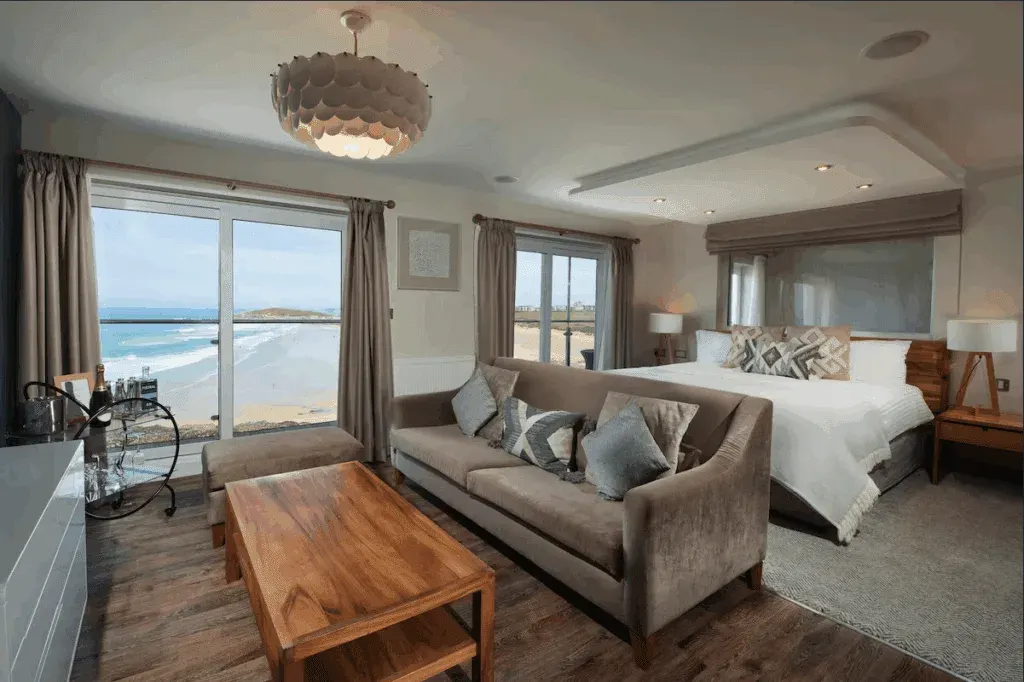 Luxury bedroom at the Fistral Beach Hotel, Cornwall
