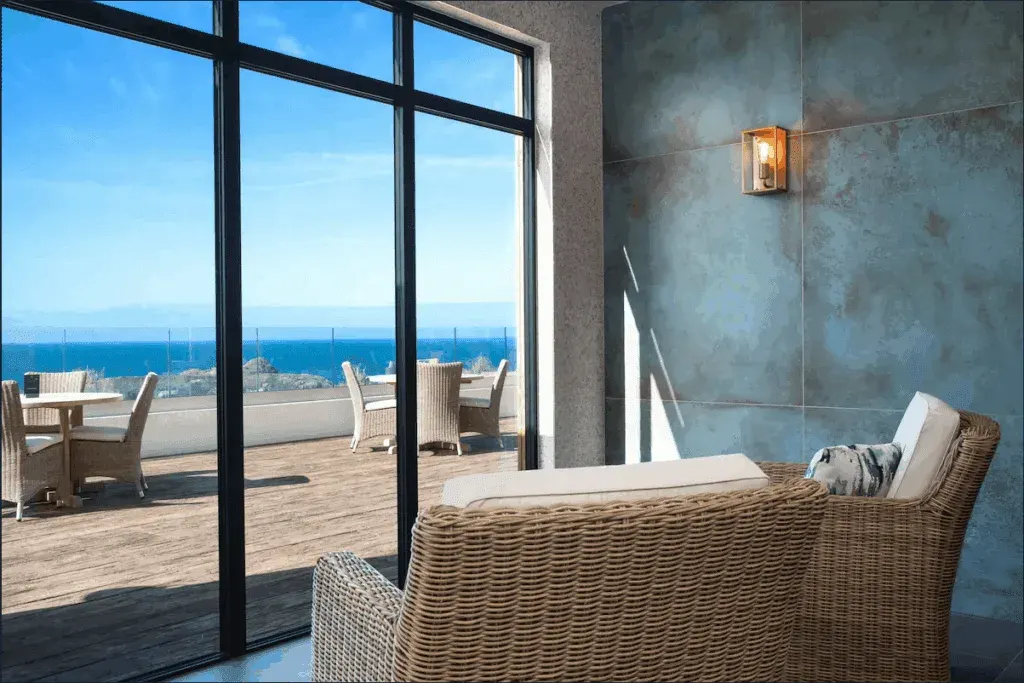 Lounge with a sea view, Mullion Cove Hotel & Spa, Cornwall