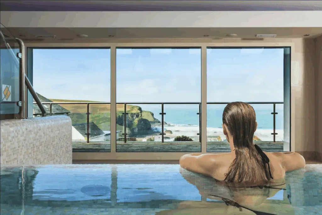 Indoor pool with a beach view at the Bedruthan Hotel & Spa, Cornwall
