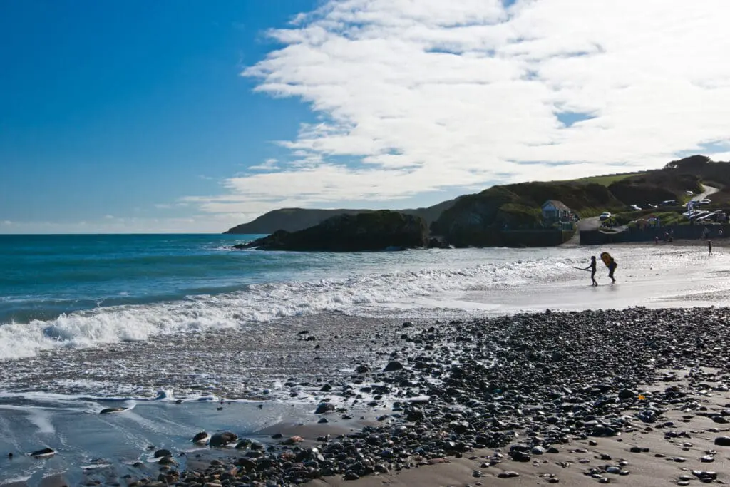Low tide on a spring morning at Kennack Sands Beach, Lizard Peninsula, Cornwall