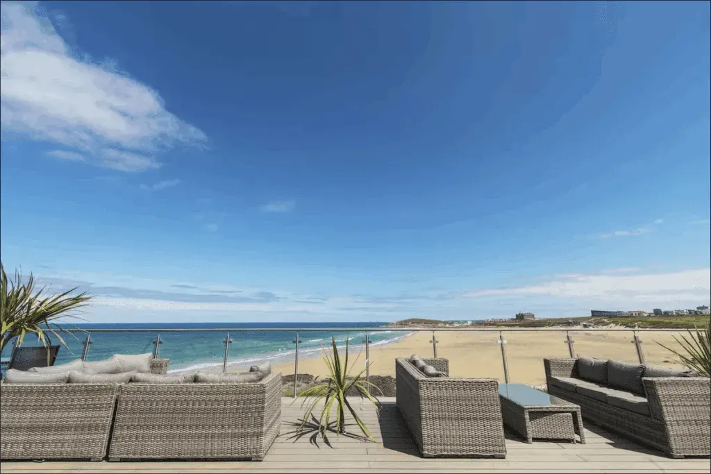Dining on the sun deck at the Fistral Beach Hotel, Cornwall