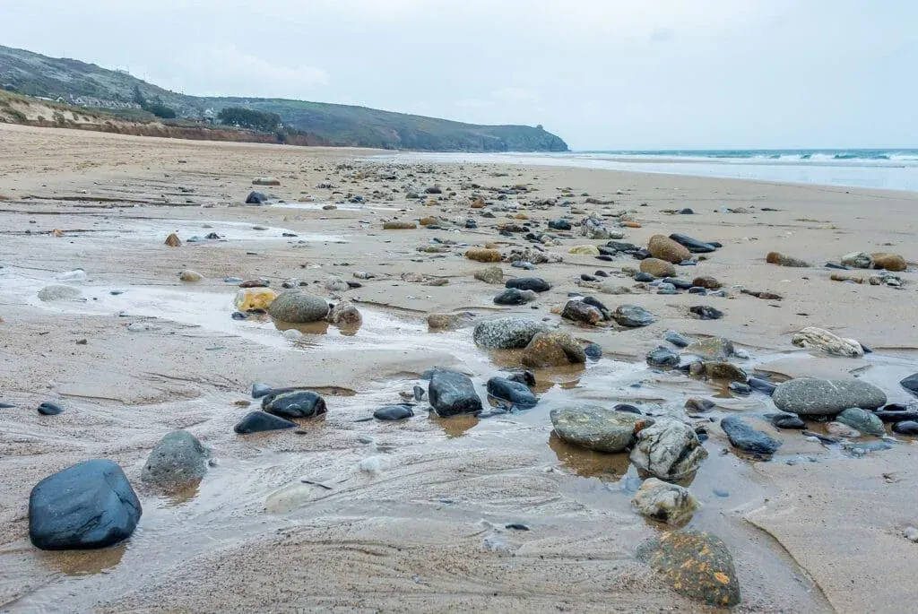 Overcast winter afternoon at Praa Sands Beach, Cornwall