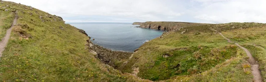 A spring snapshot of Porthgwarra Beach from the clifftop, West Cornwall