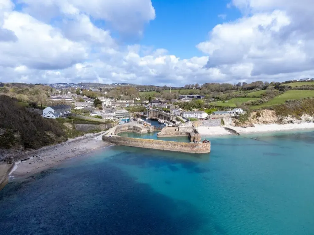 A spring photograph of Charlestown and Charlestown Beach, near St Austell, Cornwall