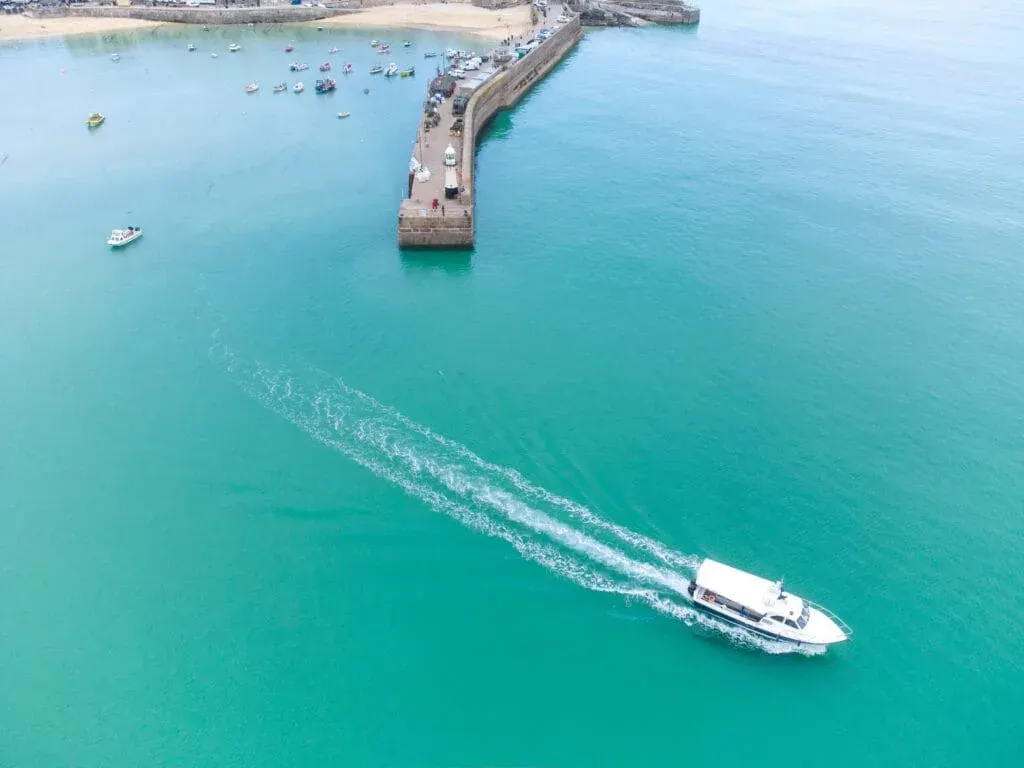 An aerial view of the Harbour at Carbis Bay, St Ives, Cornwall
