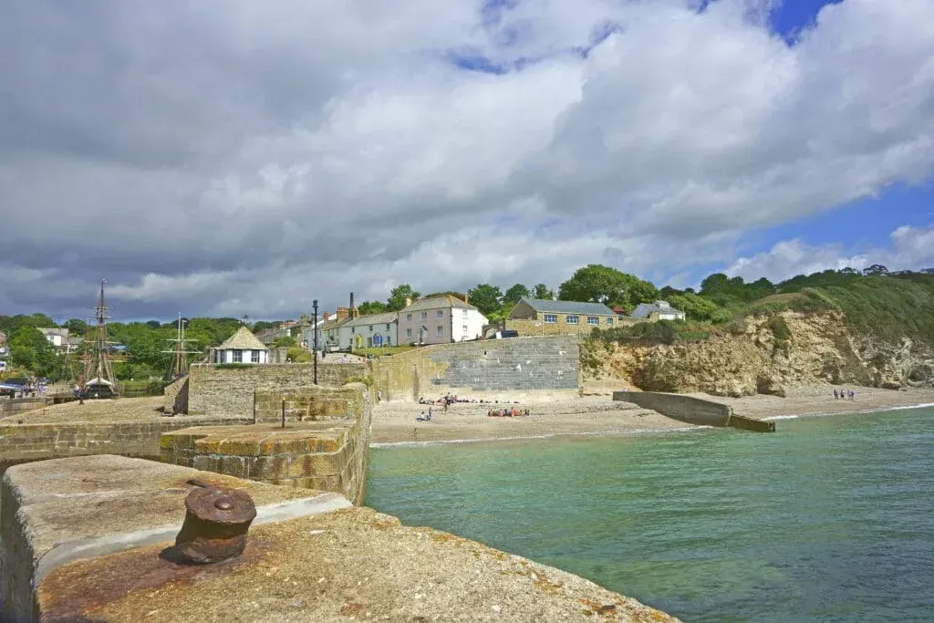 A view of the historic Cornish fishing harbour of Charlestown and Charlestown Beach, on the south coast of Cornwall