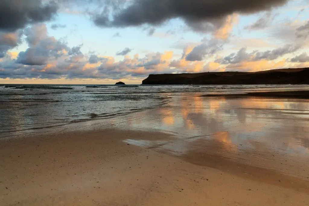 An early morning view of the beach at Polzeath, Cornwall